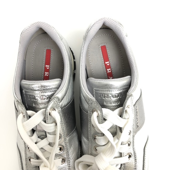 Prada silver leather lace up sneakers - Picture 9 of 11
